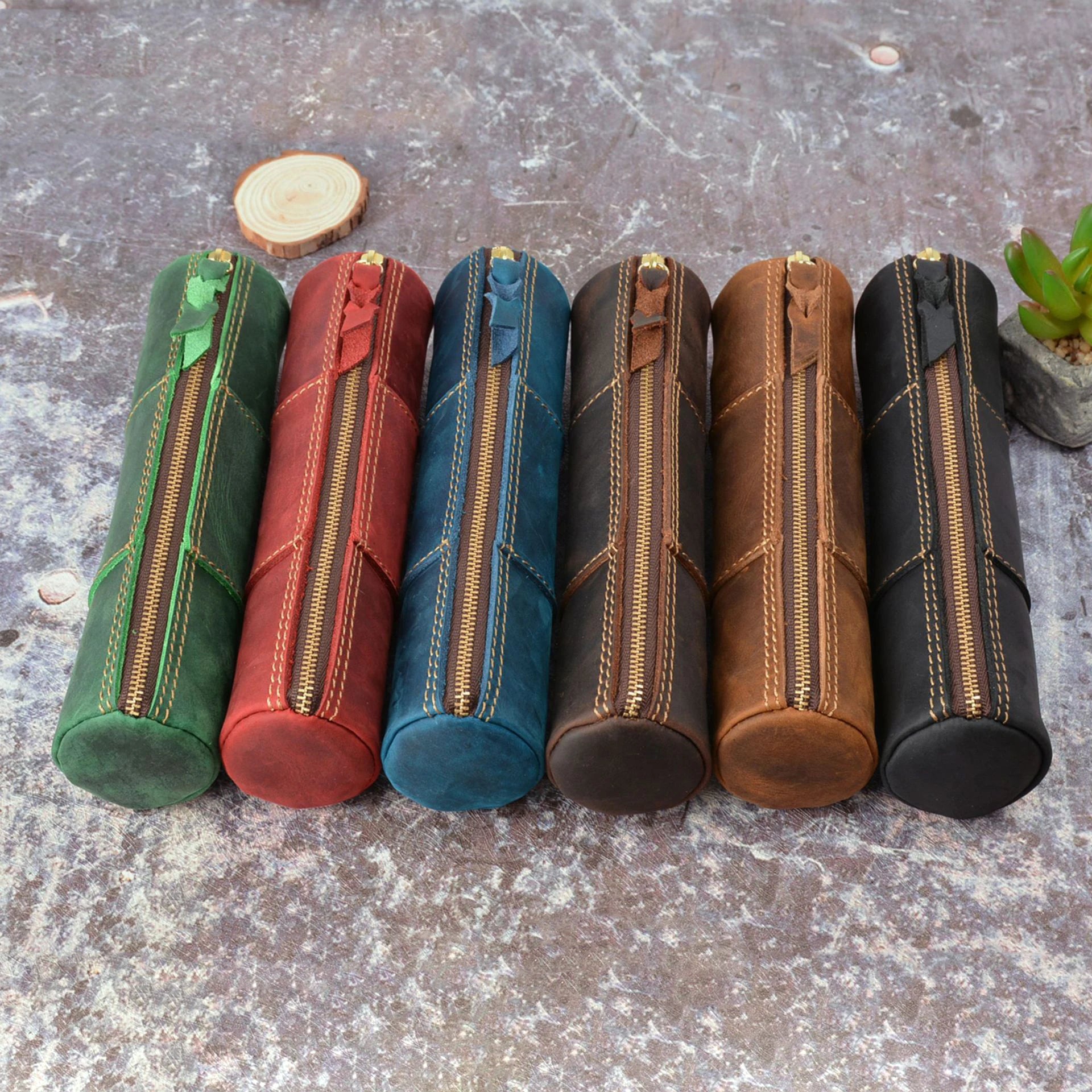 Vintage Handmade Leather Pencil Case – Zipper Organizer Pouch for Pens, Coins & Stationery