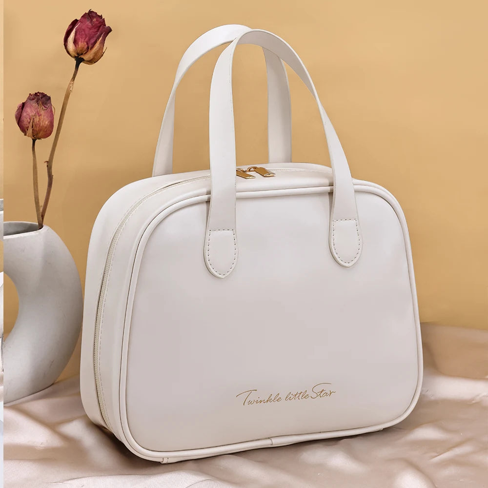 PU Leather Large Capacity Cosmetic Bag – Travel Makeup Organizer with Handle & Compartments