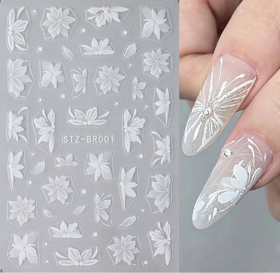 3D White Flower Nail Art Stickers Cute Floral Adhesive Sliders Acrylic Decoration Decals DIY Nail Charms Adhesive Accessories