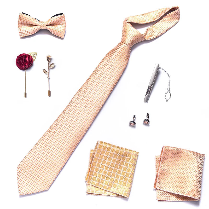 8-in-1 Luxury Silk Tie Gift Set – Necktie, Bow Tie, Pocket Squares, Cufflinks, Tie Clip & Brooches in Elegant Box