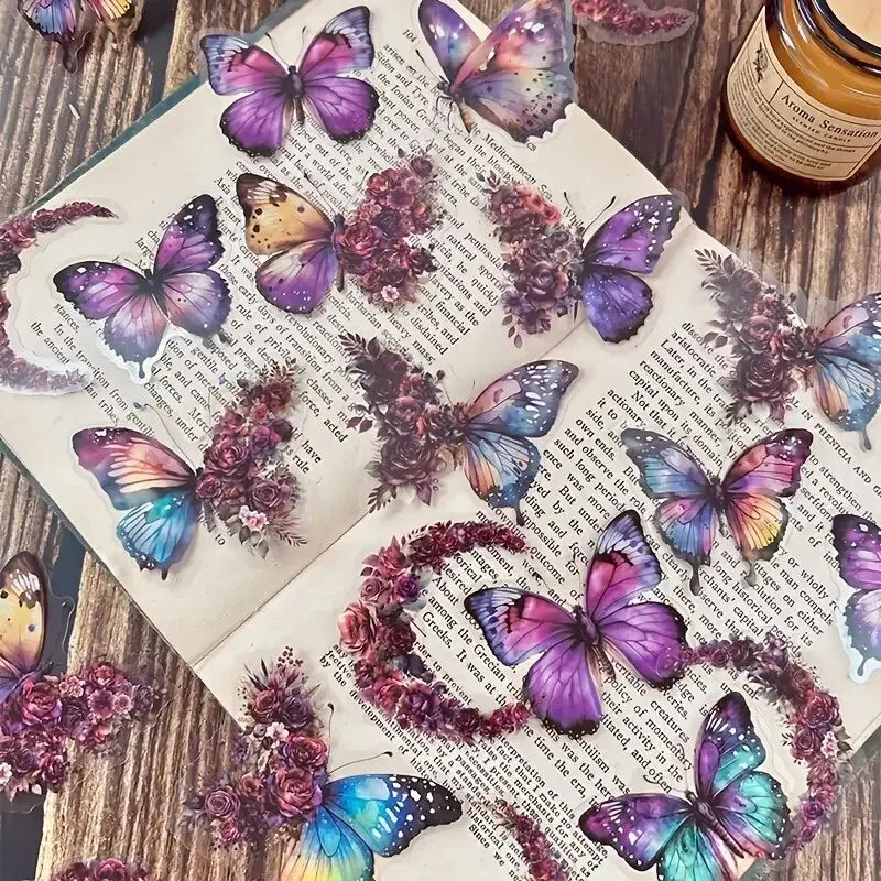 Butterfly & Moon Floral PET Stickers – Dreamy Scrapbooking & Journal Decoration Set (30 pcs)